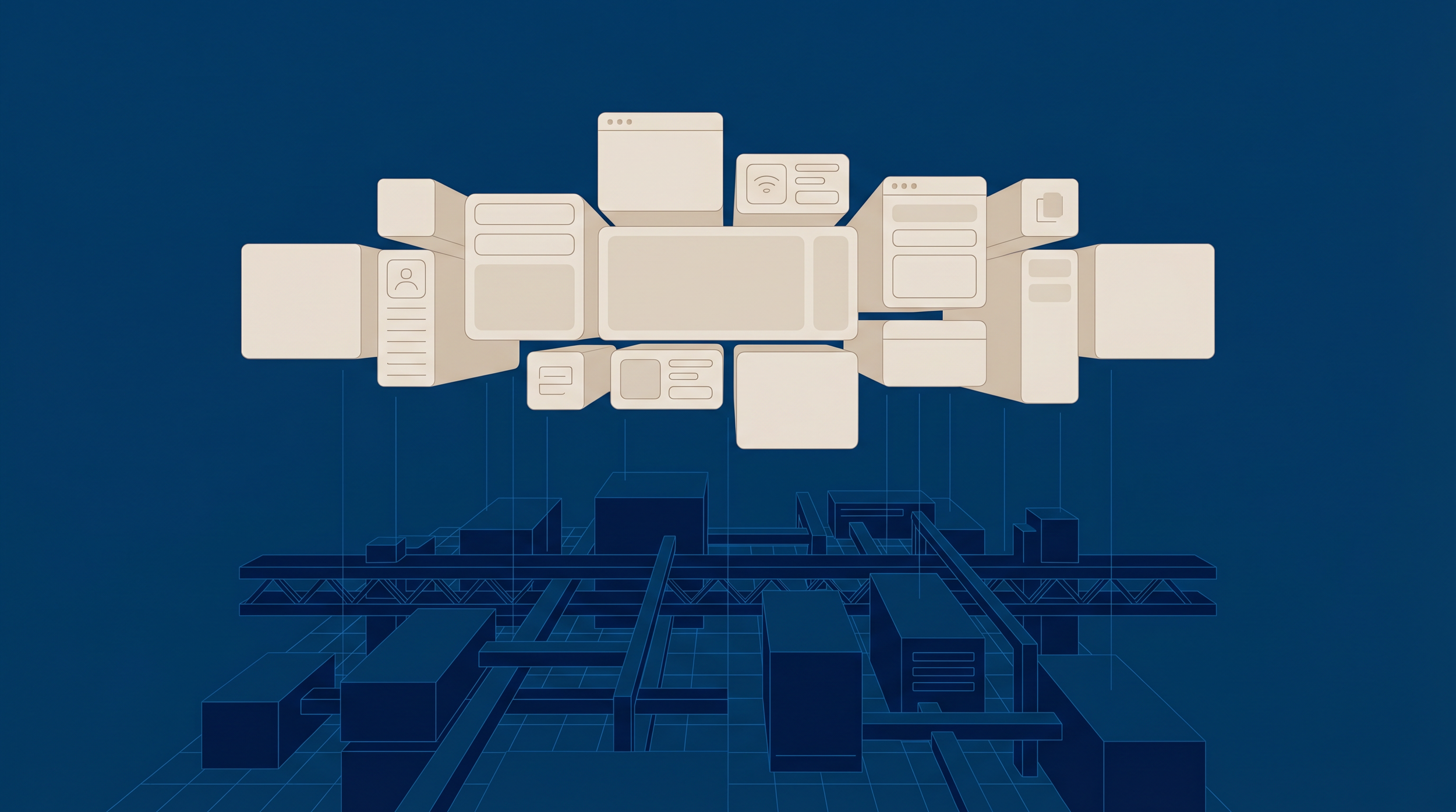 Abstract illustration showing two layers of enterprise architecture: infrastructure foundation and application layer