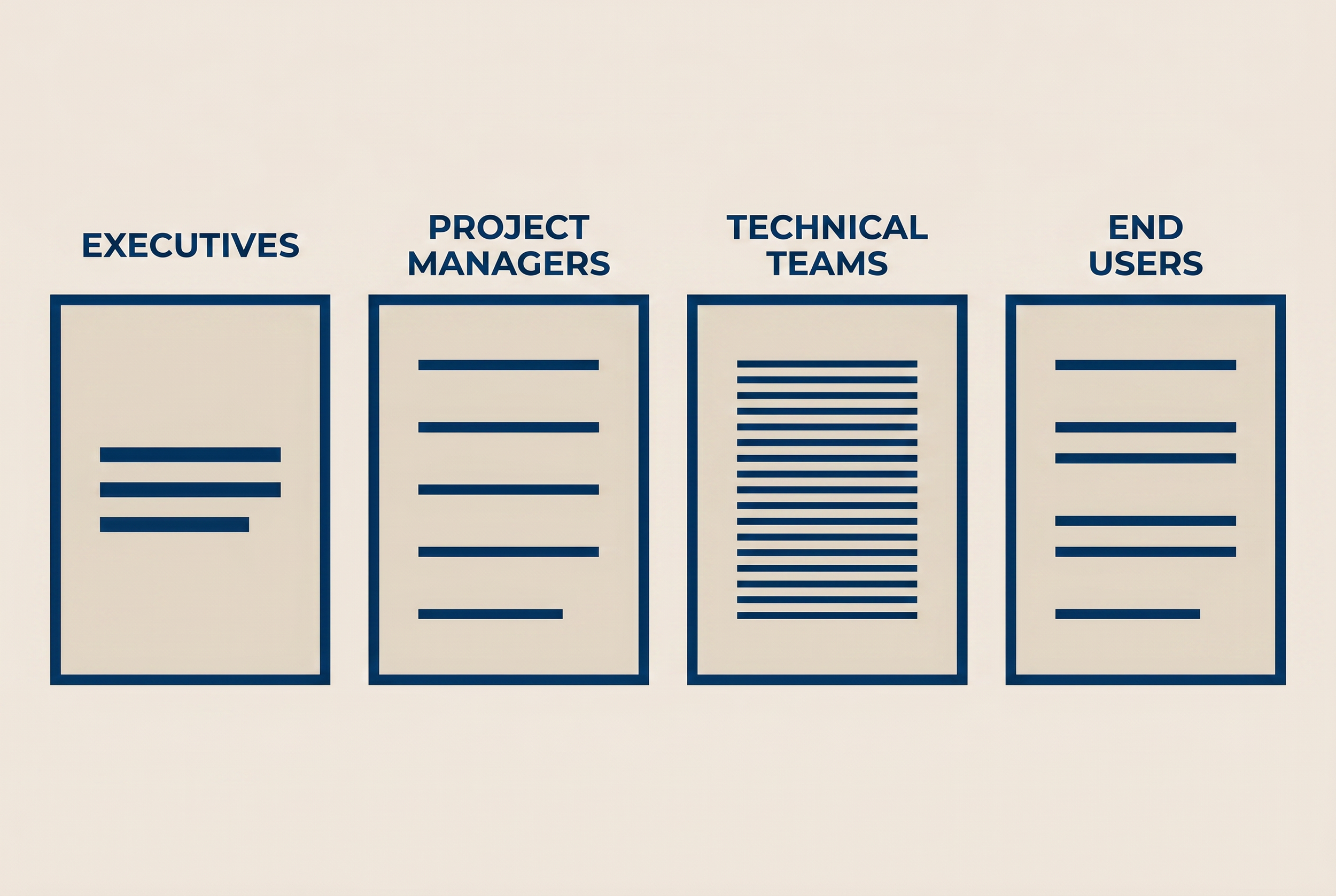 Geometric minimal illustration in CCC navy and beige showing four document silhouettes labeled with executive project technical and user