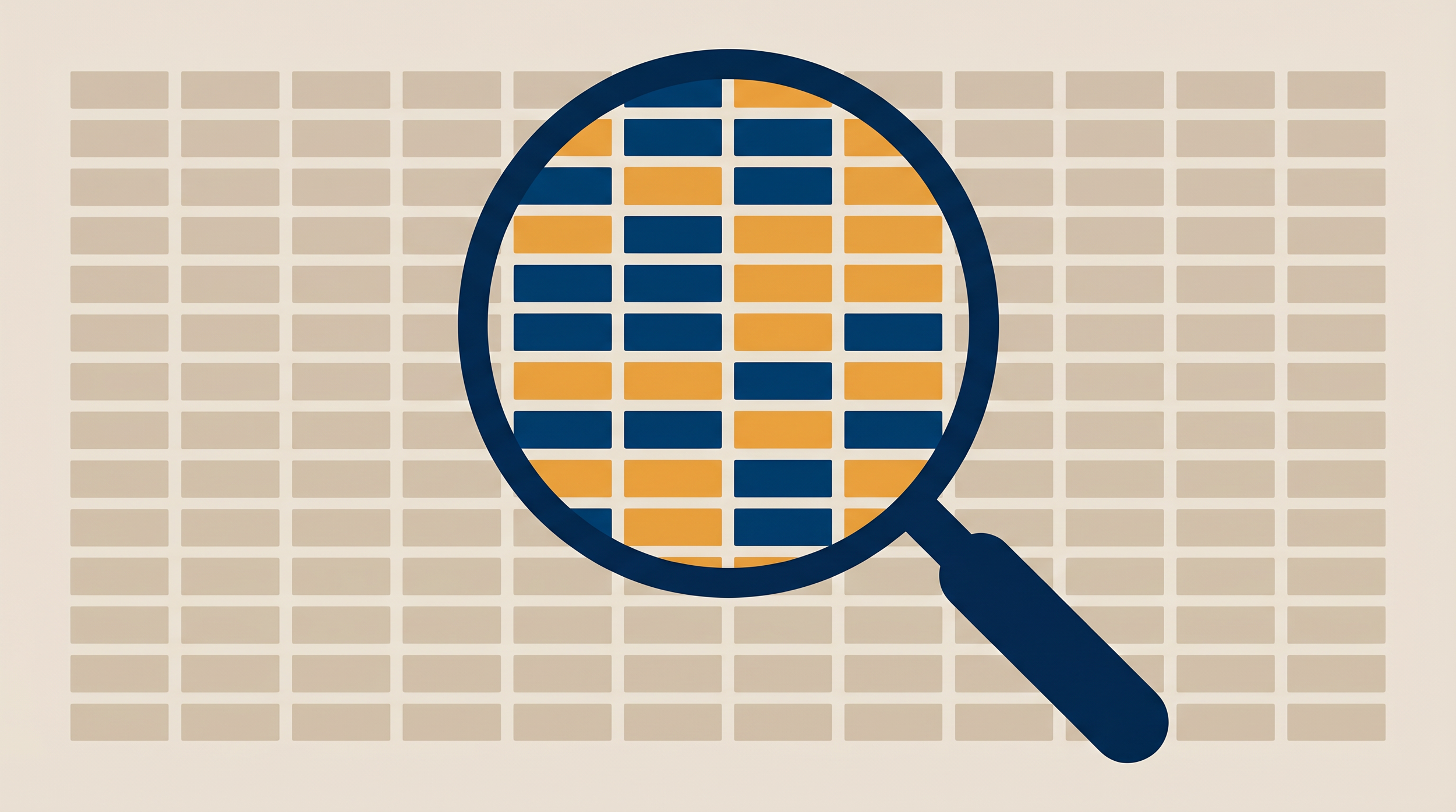 Abstract illustration of an audit magnifying glass examining data quality blocks with pass and fail indicators