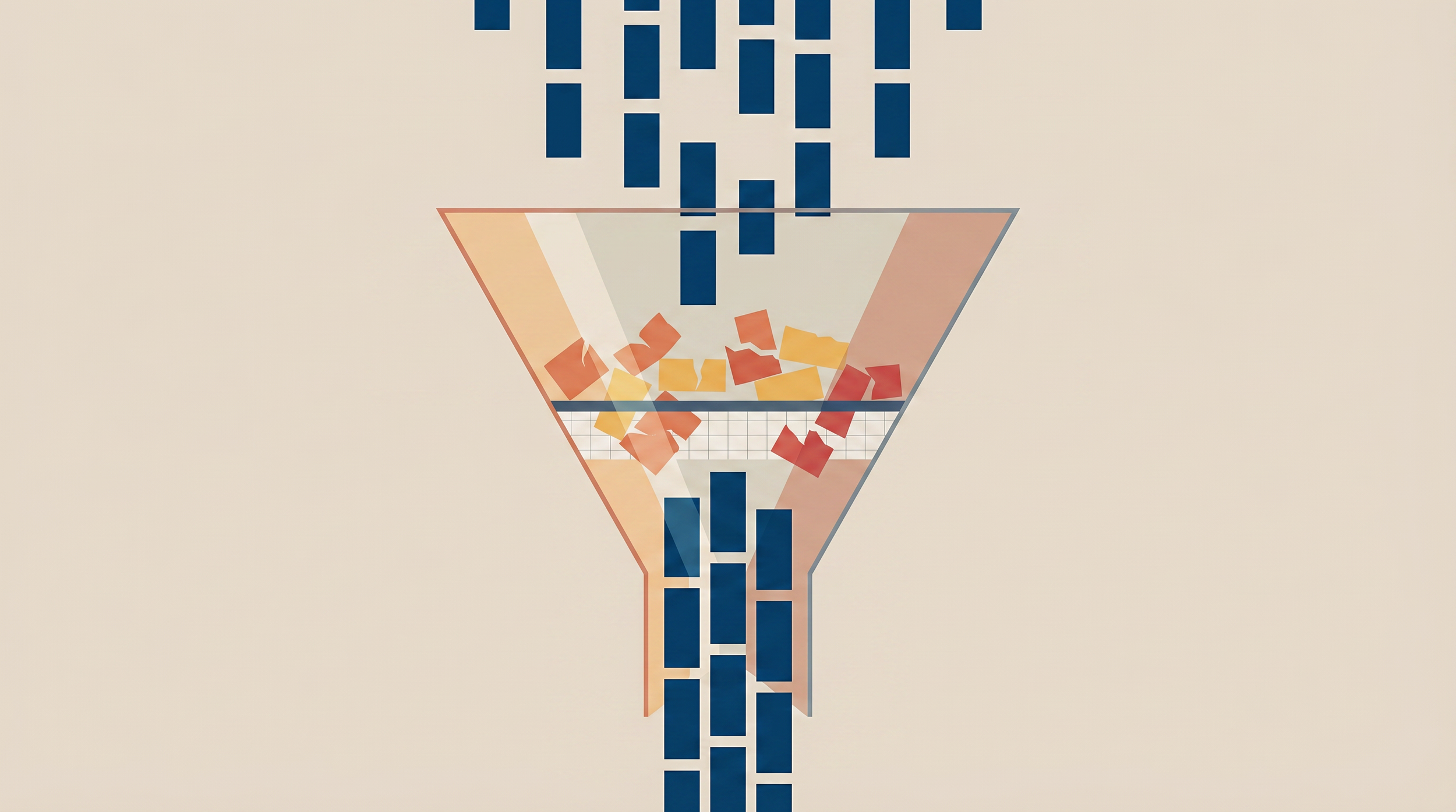 Abstract illustration of data governance filtering: clean structured data passes through while inconsistent data is caught