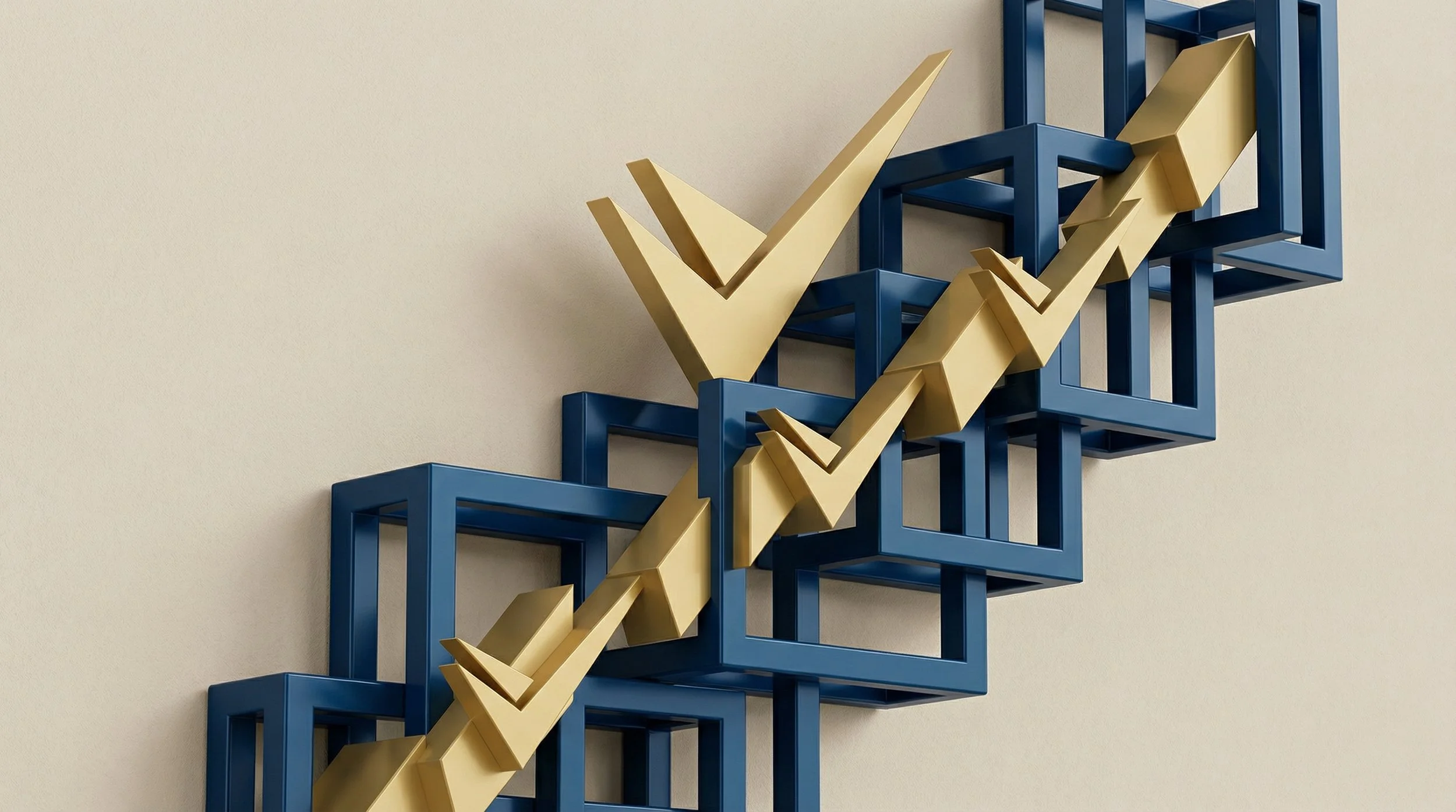 Decorative wall art with blue geometric square frames and gold check marks arranged in an upward trend pattern.