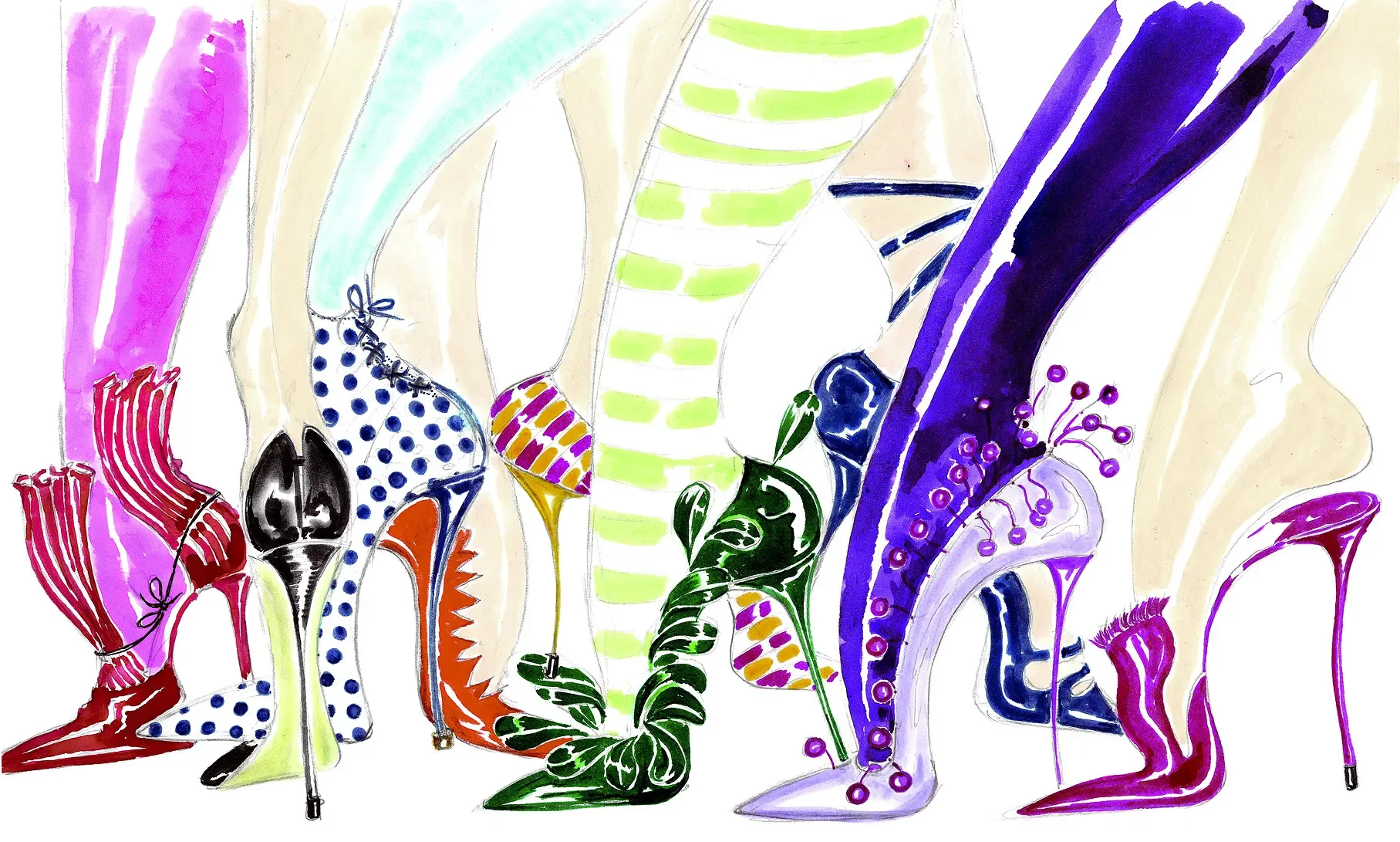 Sketches of women's feet wearing Manolo Blahnik shoes