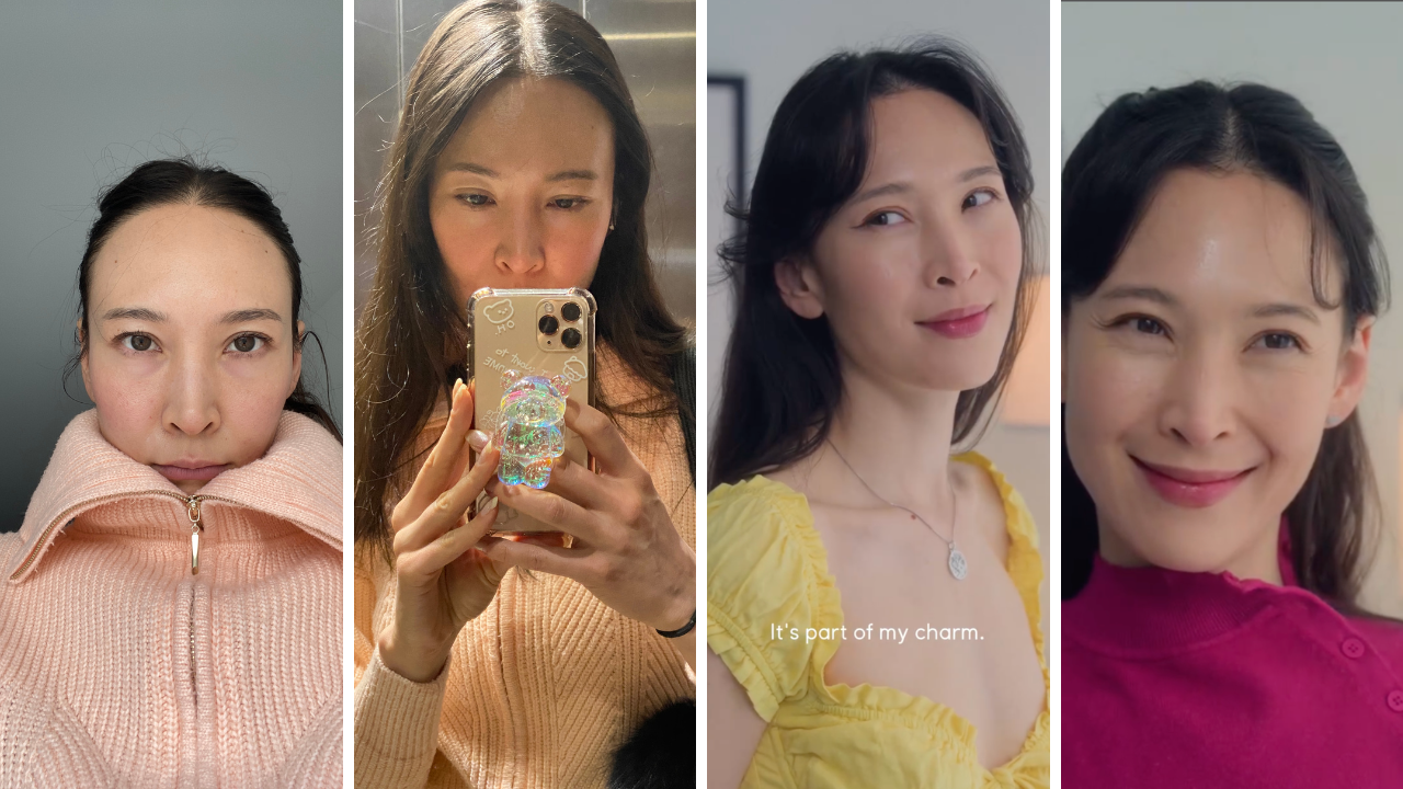 A beautiful asian girl wears different colored tops, including salmon, yellow and a warm pink.