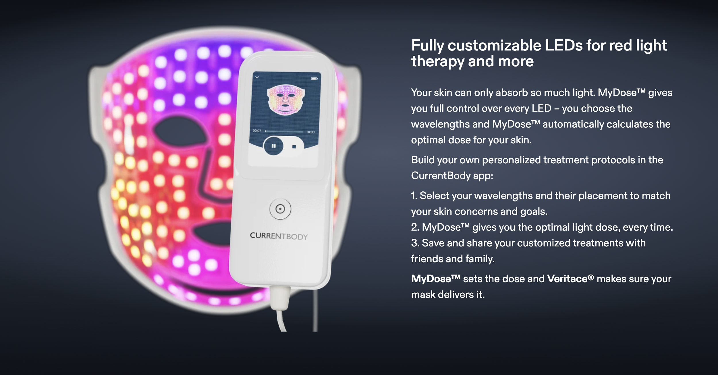 an explanation of the MyDose technology in the CurrentBody red light therapy LED mask