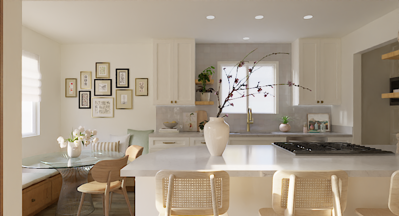A light-filled kitchen that balances clean lines with cozy charm. Featuring custom white cabinetry, open shelving, and a quartz-topped island paired with natural wood seating. Thoughtful details like brass fixtures, layered textures, and curated wall