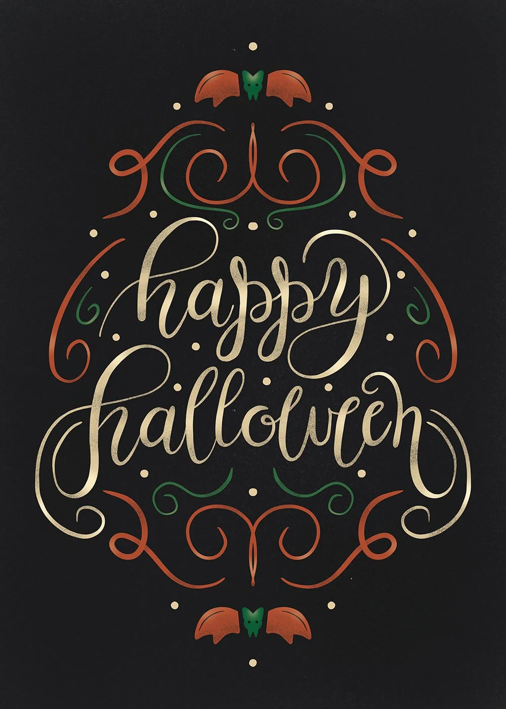 Happy Halloween art with hand-drawn lettering and illustrations