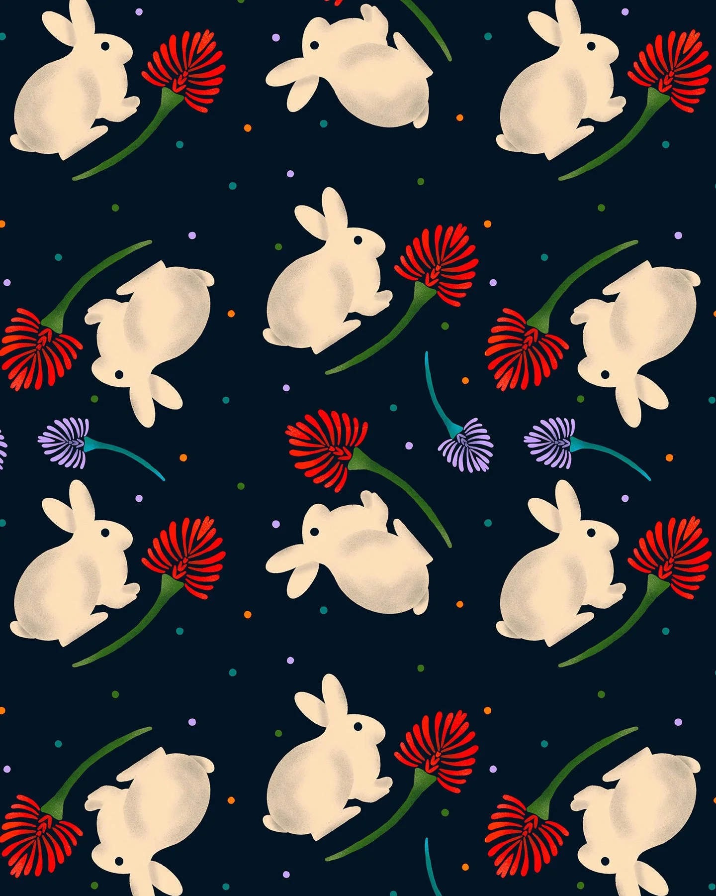 Repeating pattern with hand-drawn illustrations of rabbits and red clovers