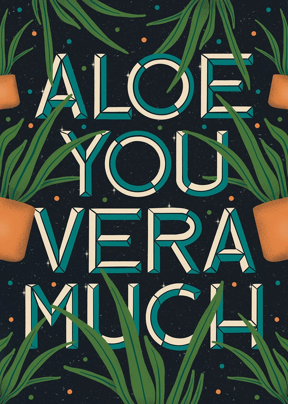 Aloe You Vera Much greeting card with hand-drawn letters and illustrations