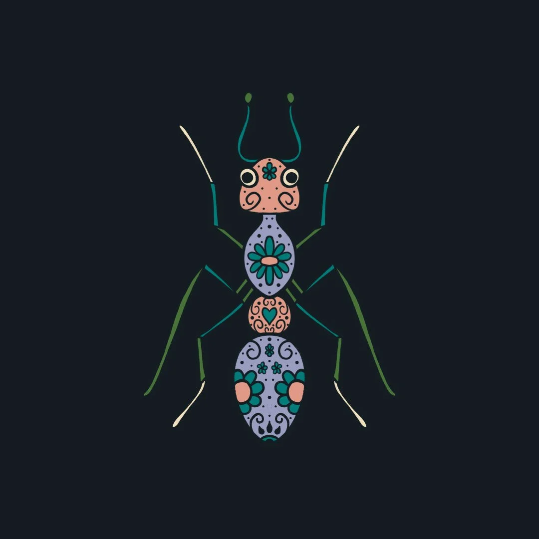 An illustrated ant with florals on it's body