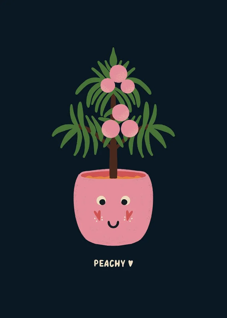 Illustrated peach tree with the word Peachy lettered below