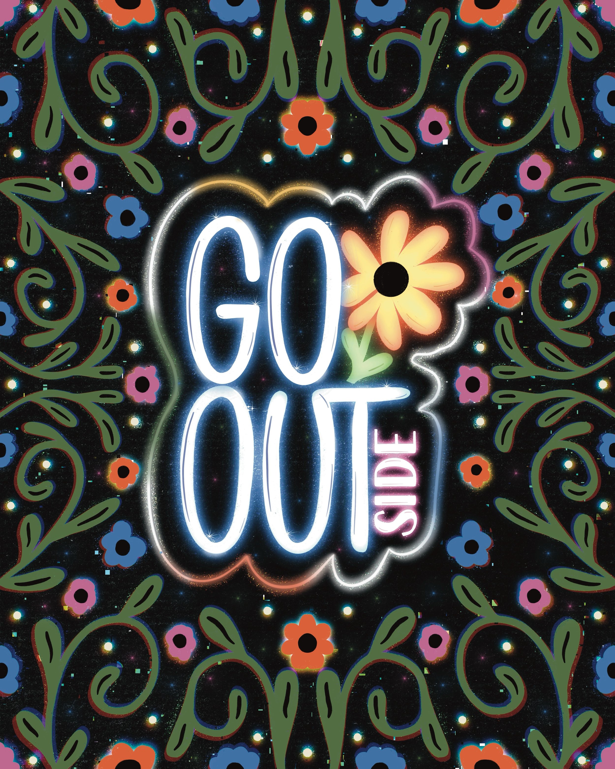 Day 15 of the lettering style challenge: neon

Go out&hellip;side! 

This style is not one I would usually gravitate towards but it was super fun to experiment with. 💕🌼

#lsc26_15 @letteringstylechallenge