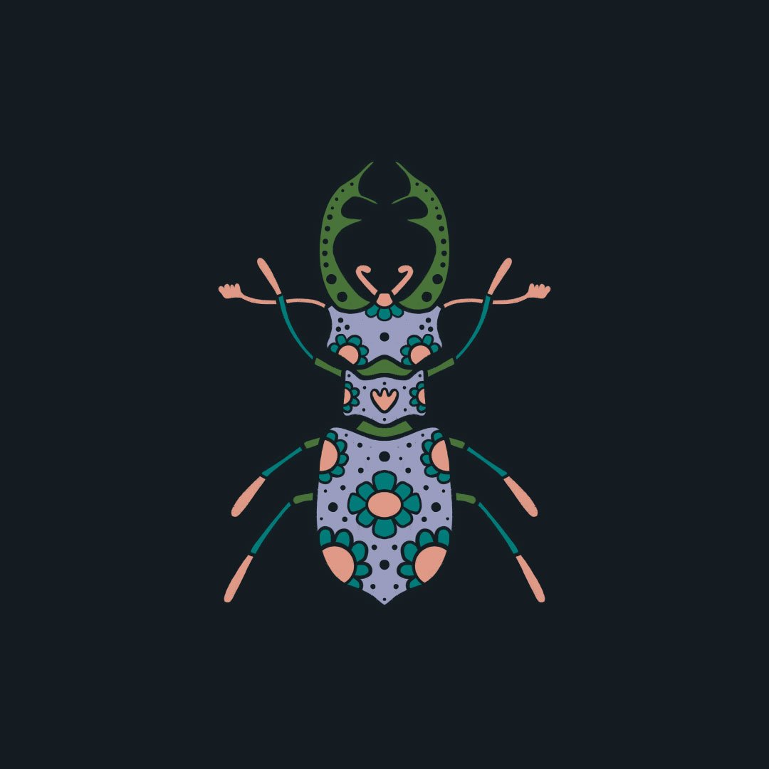 An illustrated beetle with florals on it's body