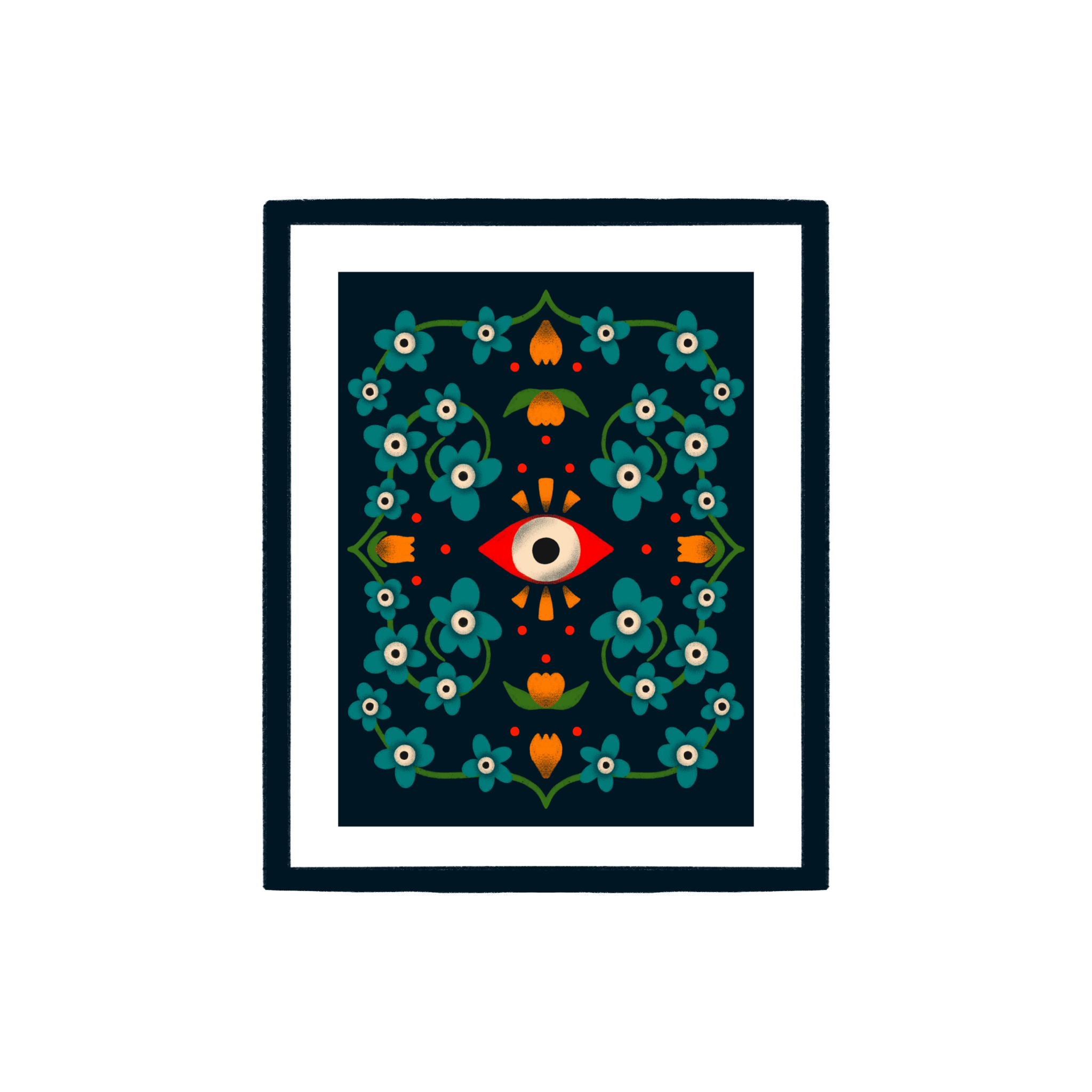 Whimsical flower illustration with eyeballs framed for wall art.