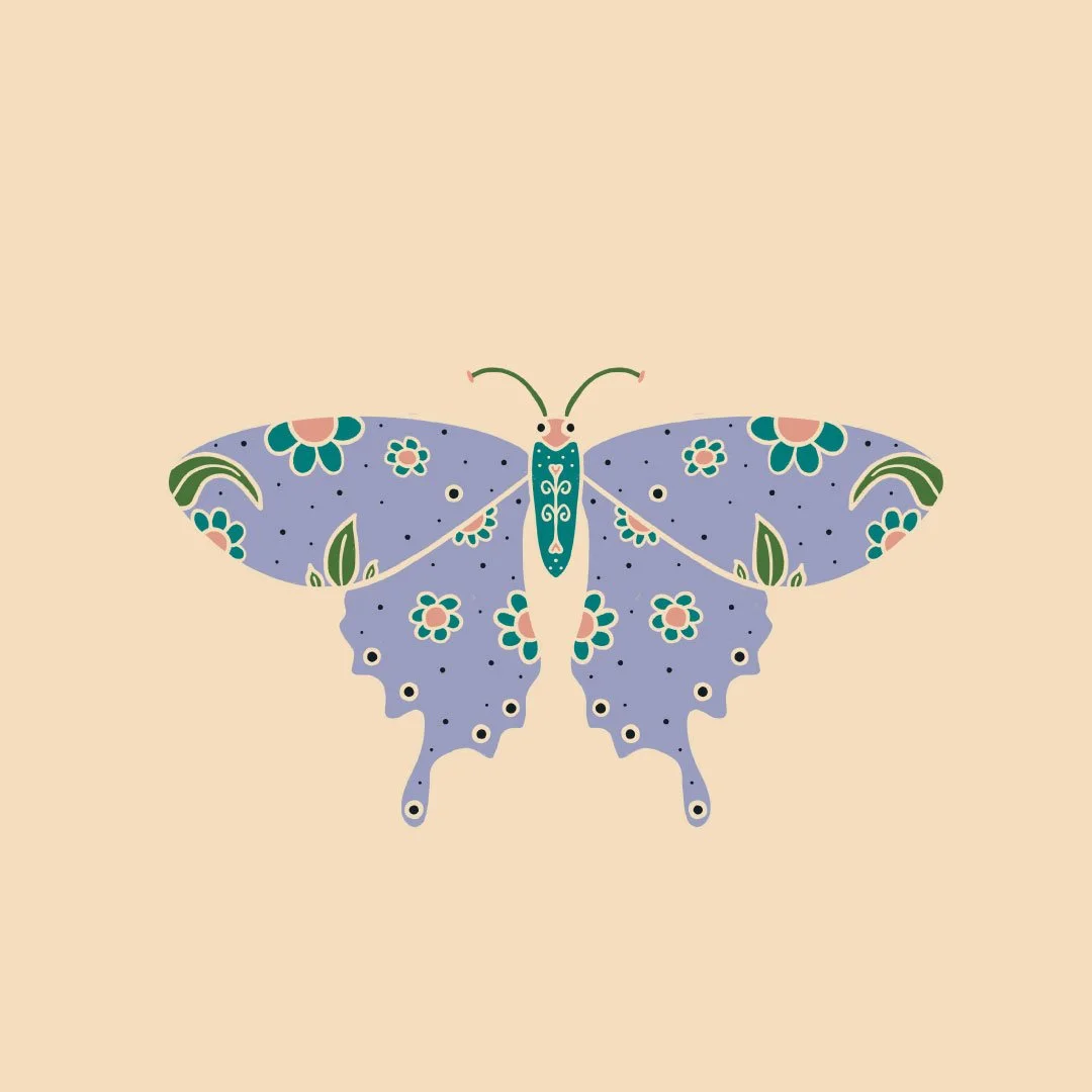 An illustrated butterfly with florals on it's body and wings