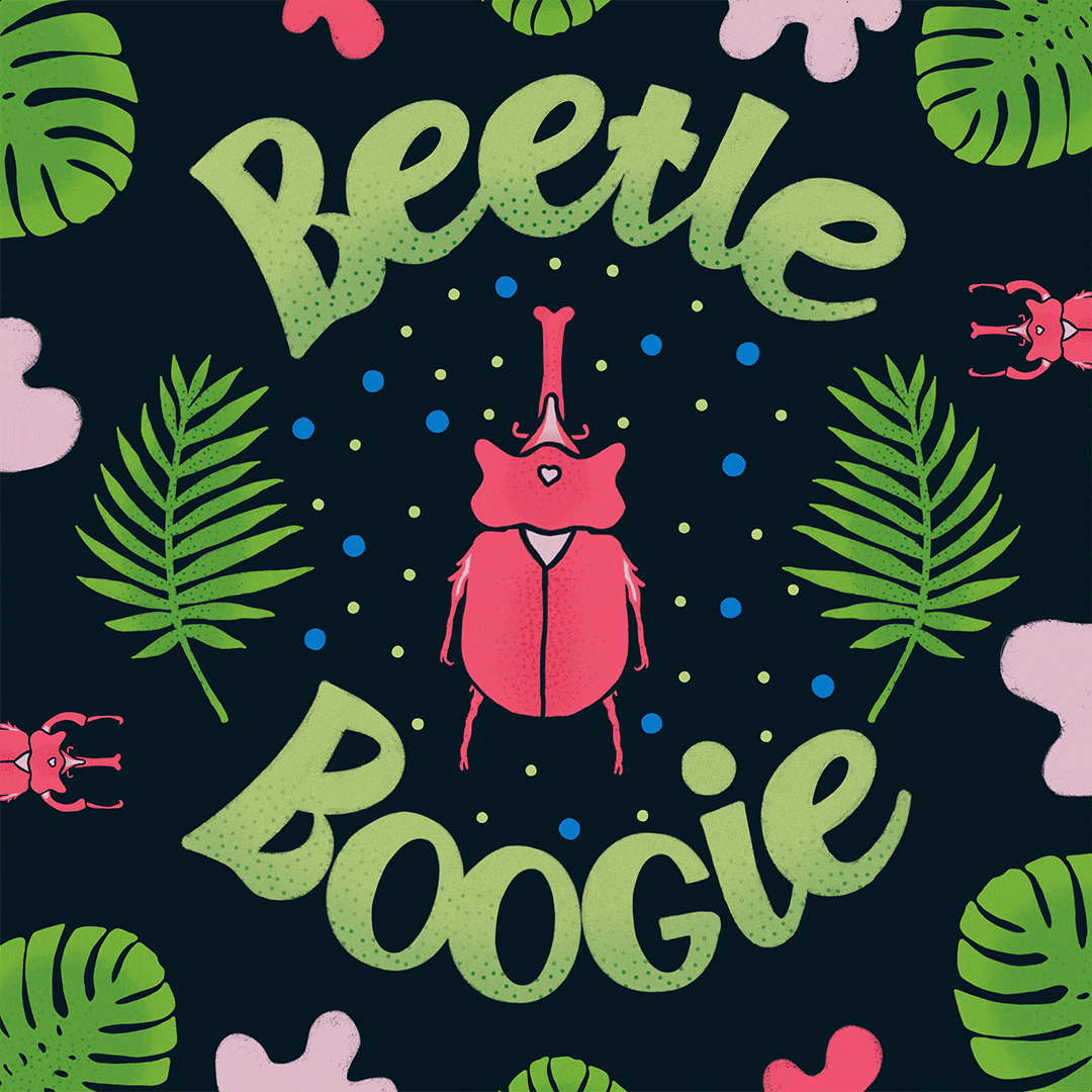 Gif of an illustrated beetle dancing with the text Beetle Boogie
