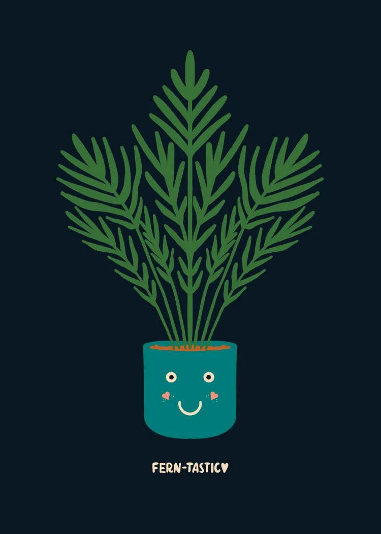 Potted fern with the word Fern-tastic illustrated