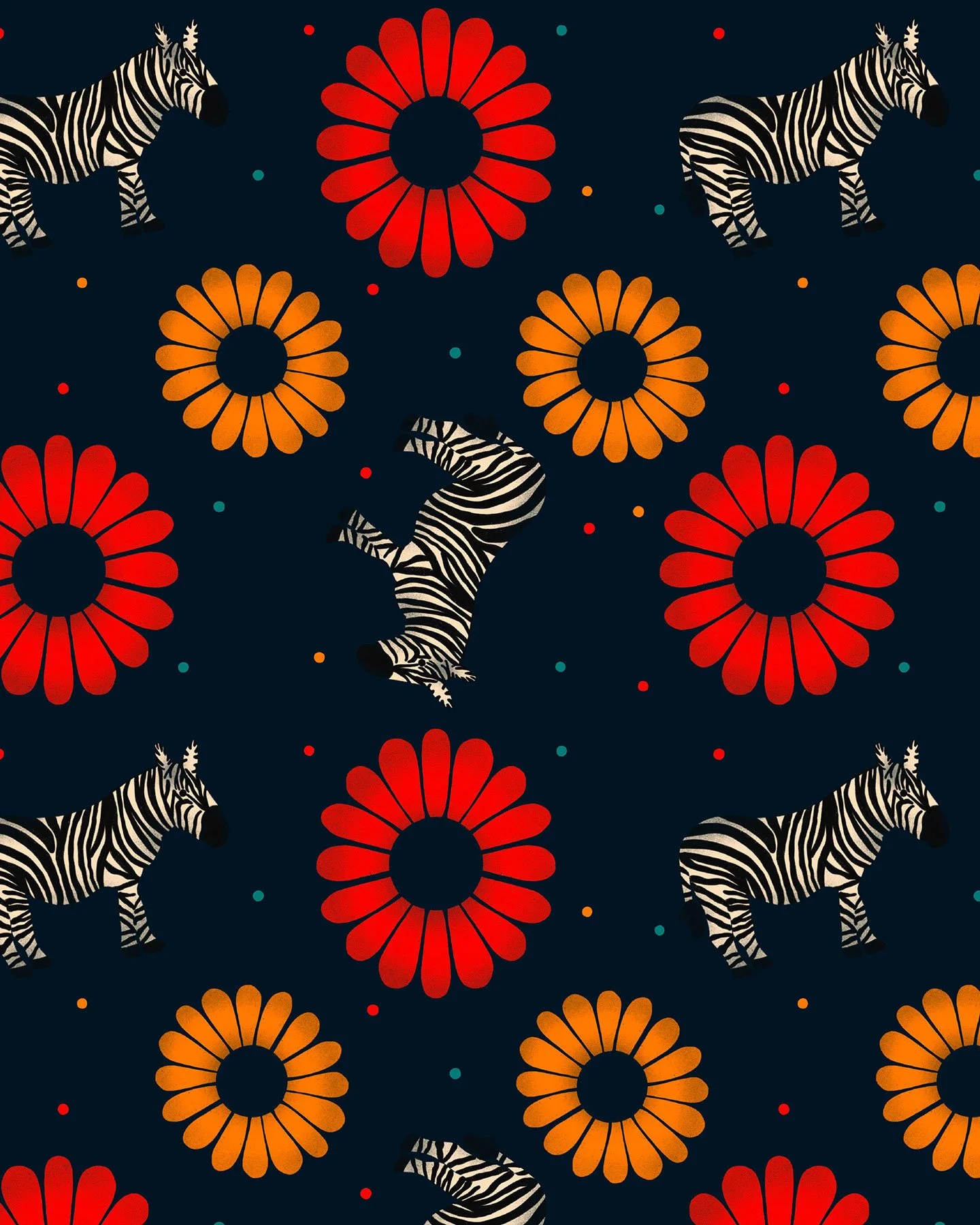 Repeating pattern with hand-drawn illustrations of zebras and zinnias