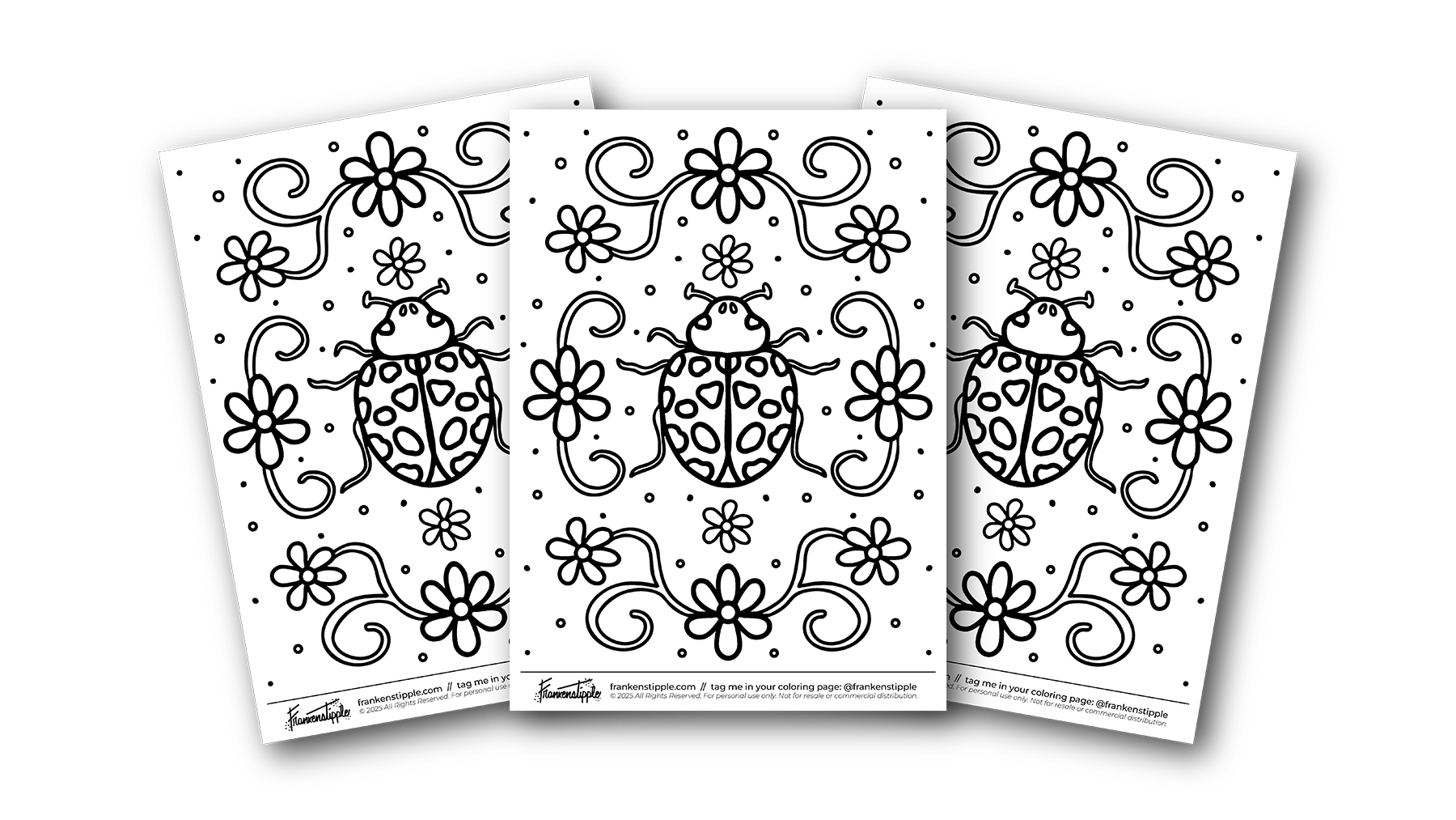 Mockup of three coloring pages of a ladybug surrounded by florals.