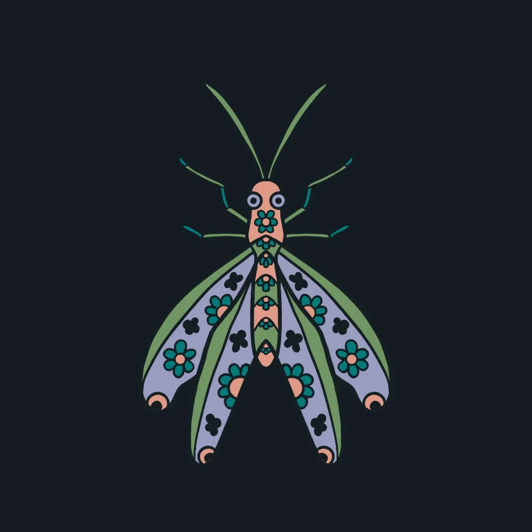 An illustrated lacewing with florals on it's body and wings