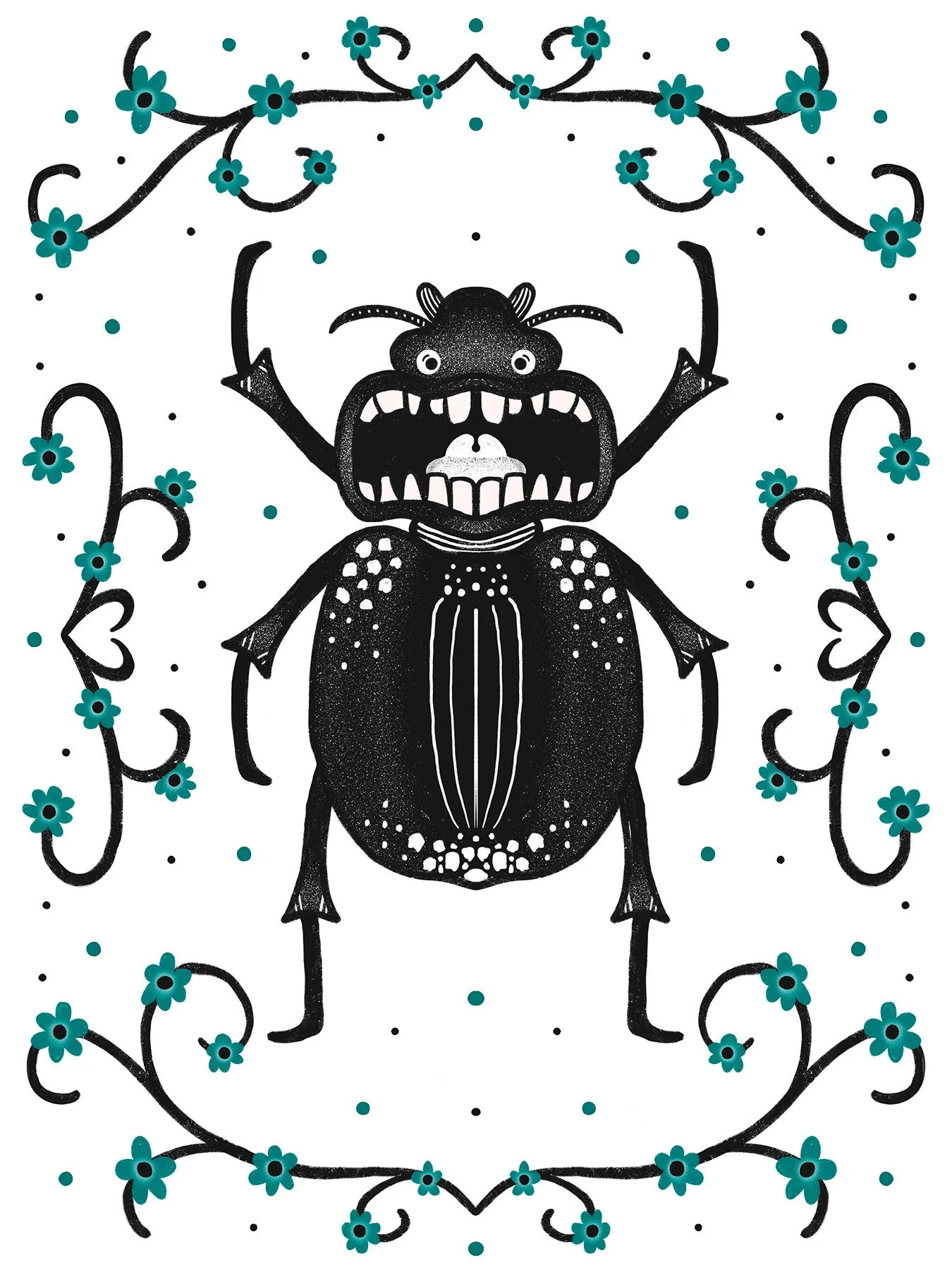 Illustration of a black and white screaming beetle surrounded by blue and black florals