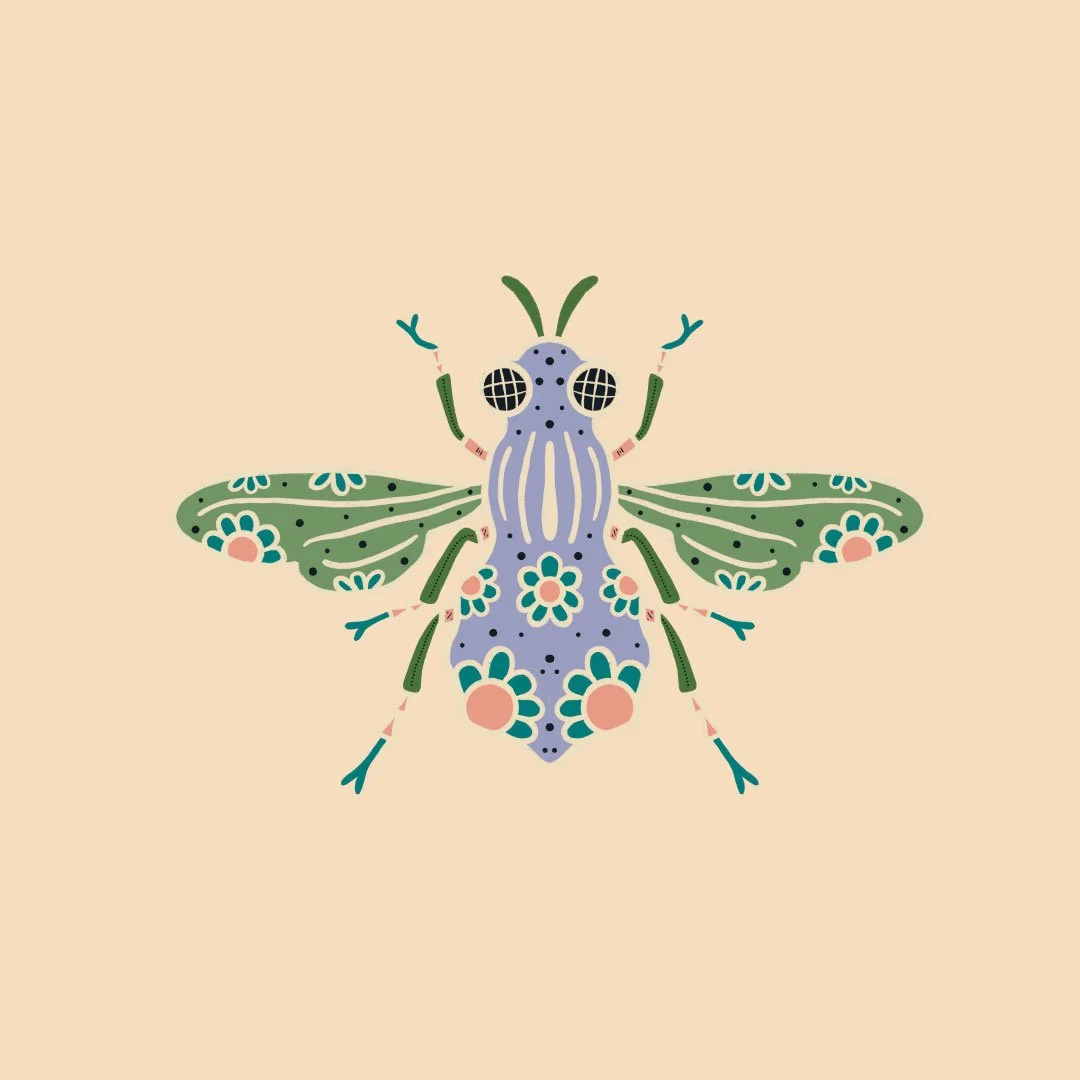 An illustrated fly with florals on it's body and wings