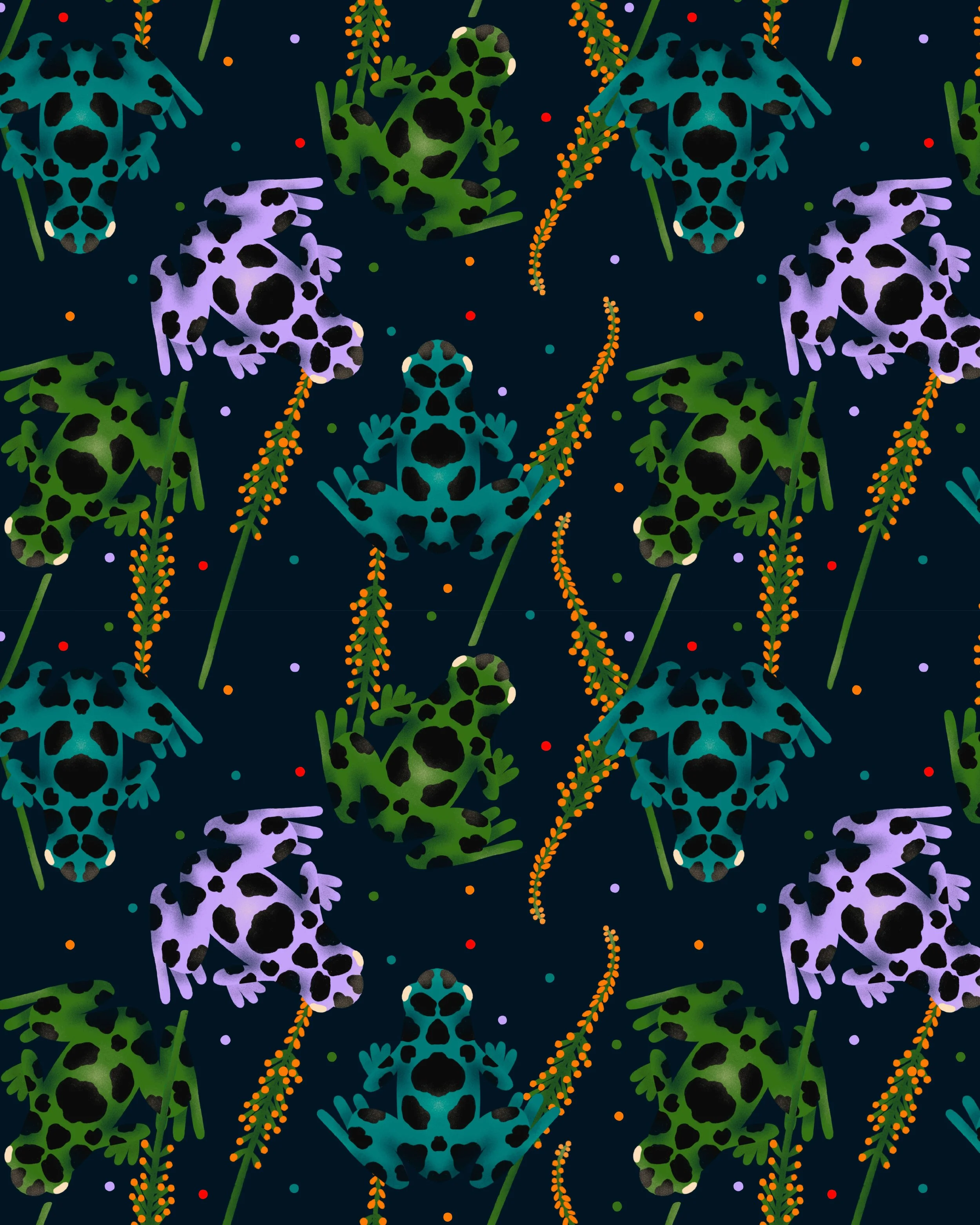 A bold illustration of frogs and foxgloves for surface pattern design or fabrics.