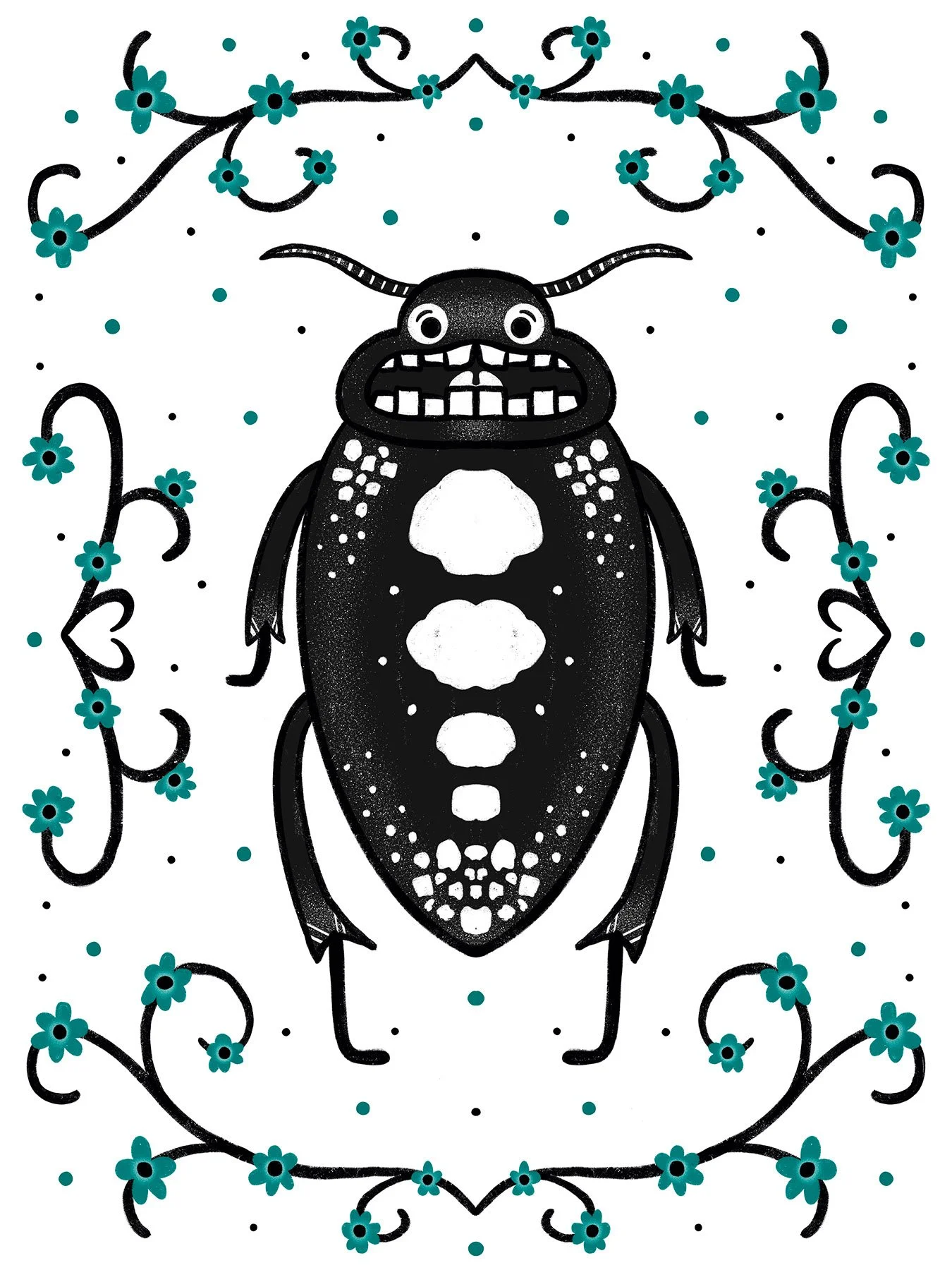 Illustration of a black and white screaming beetle surrounded by blue and black florals