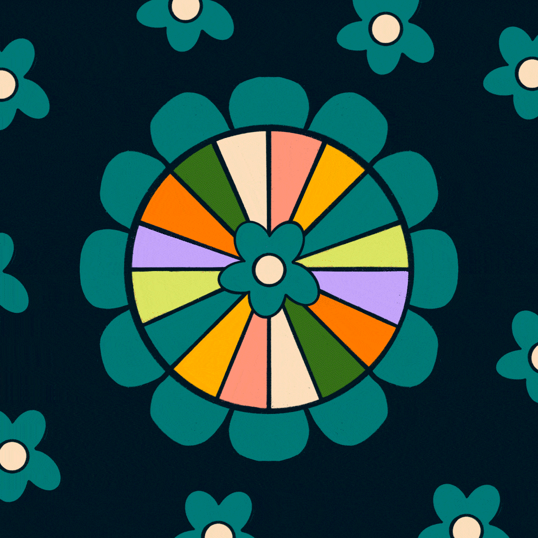 Animated flower pinwheel with bold colors on a dark blue background.