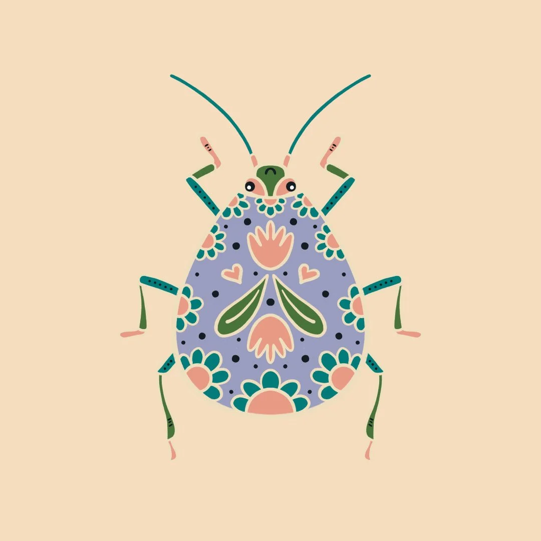 An illustrated bug with florals on it's body