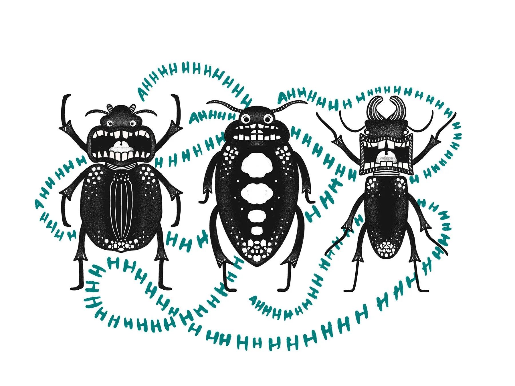 Illustration of 3 black and white screaming beetles surrounded by blue text that wraps around them that says Ahhhhhhhhhh