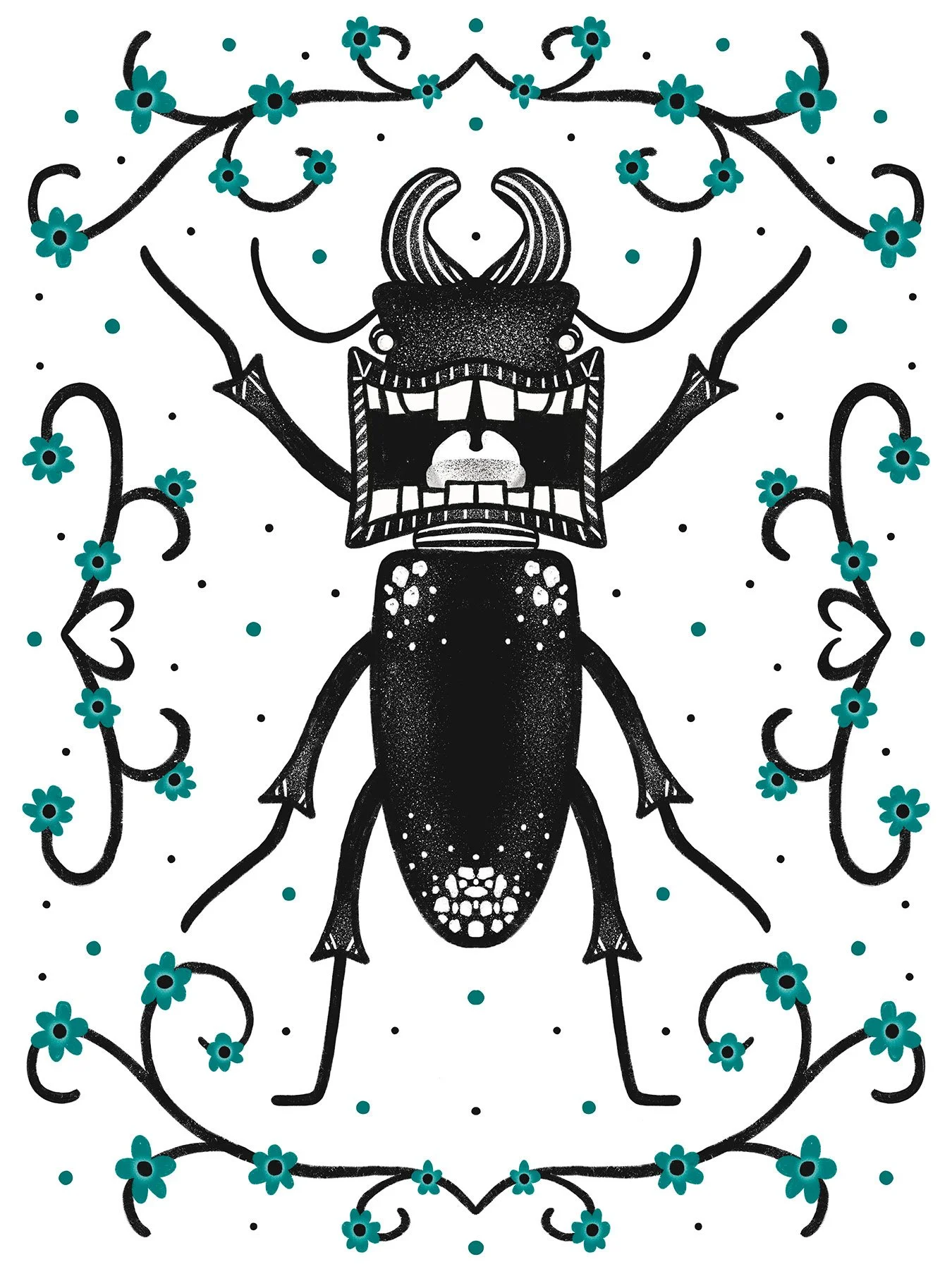Illustration of a black and white screaming beetle surrounded by blue and black florals