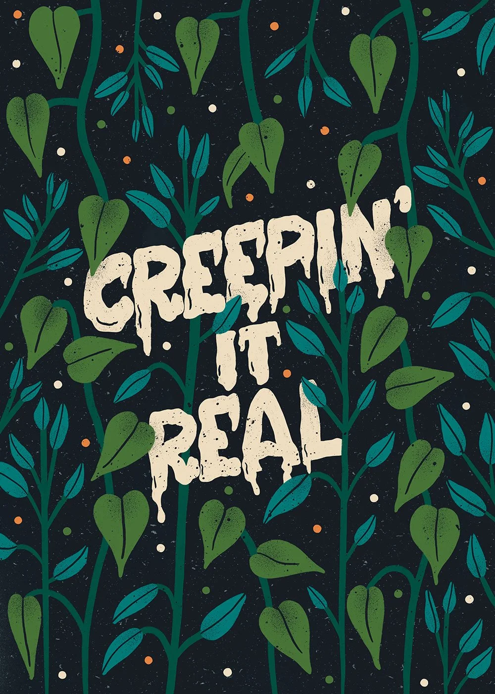 Creepin' It Real greeting card with hand-drawn letters and illustrations