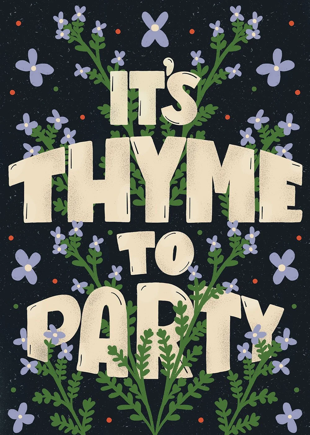 It's Thyme to Party greeting card with hand-drawn letters and illustrations