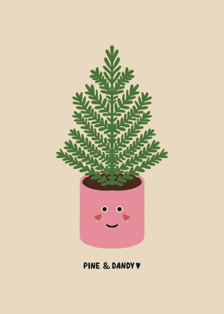 Potted pine tree with the words Pine & Dandy illustrated underneath