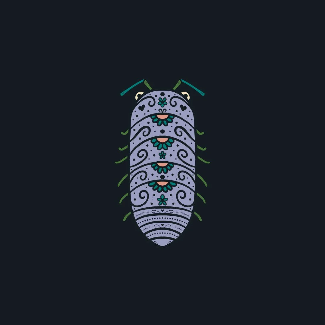 An illustrated rollie poly bug with florals on it's body