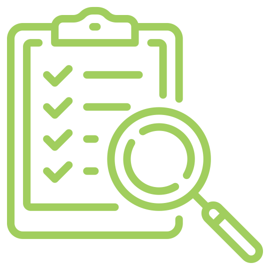 Green checklist on a clipboard with a magnifying glass in front of it, symbolizing a detailed review or inspection.