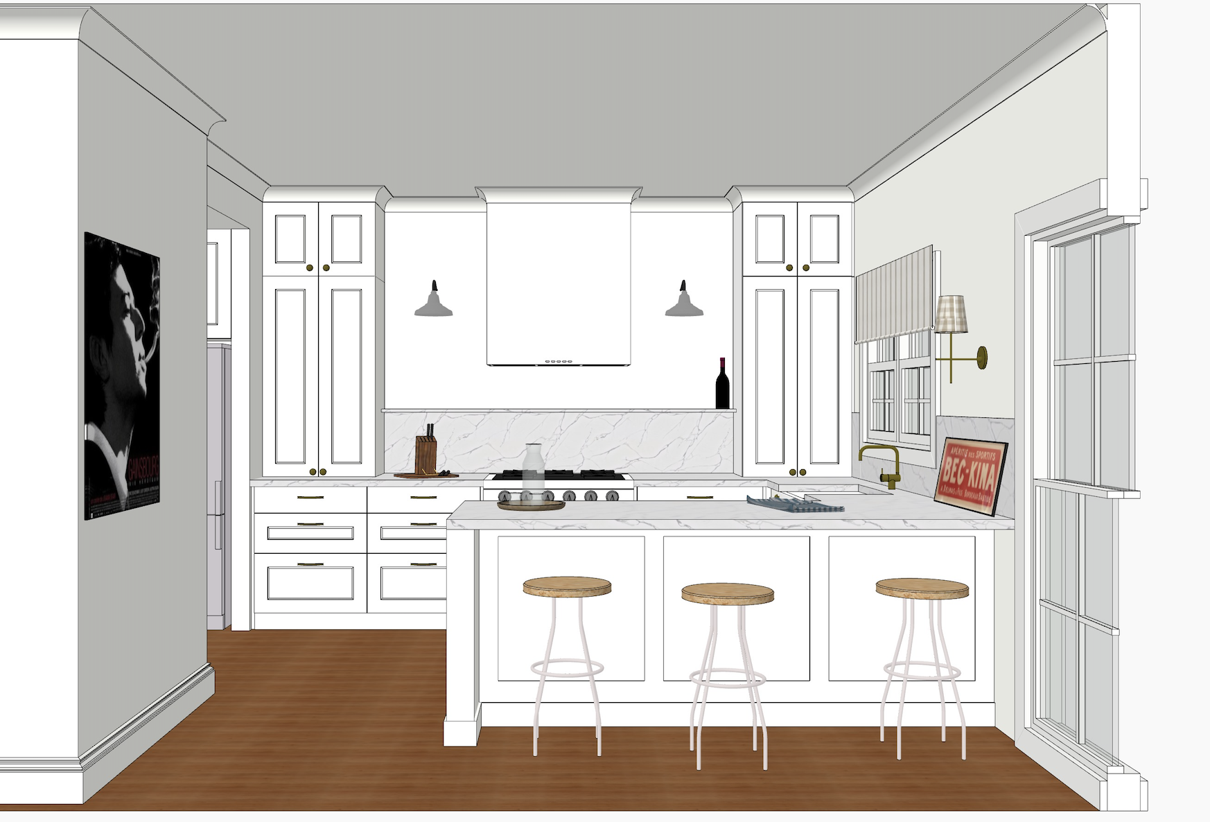 3 D drawing of a white kitchen with a symmetrical design and marble benchtops, French art and wall lights