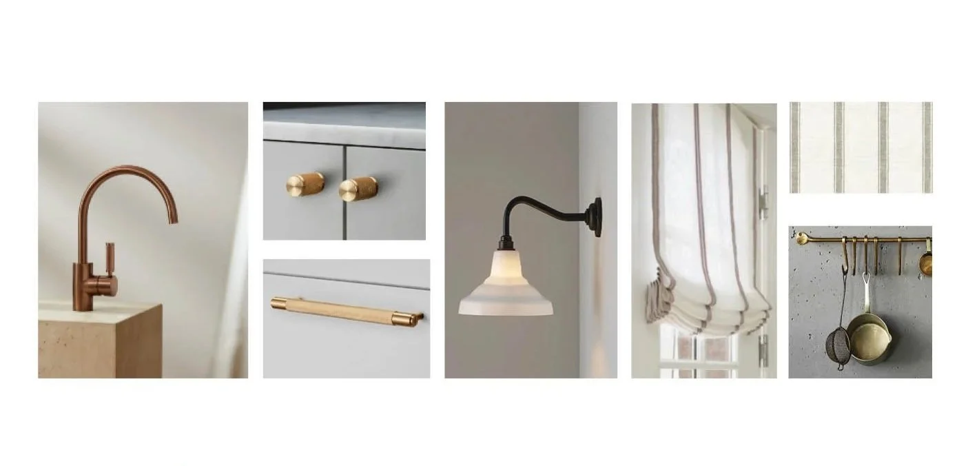 Interior design mood board featuring tapware, lighting and hardware selections for a kitchen renovation.