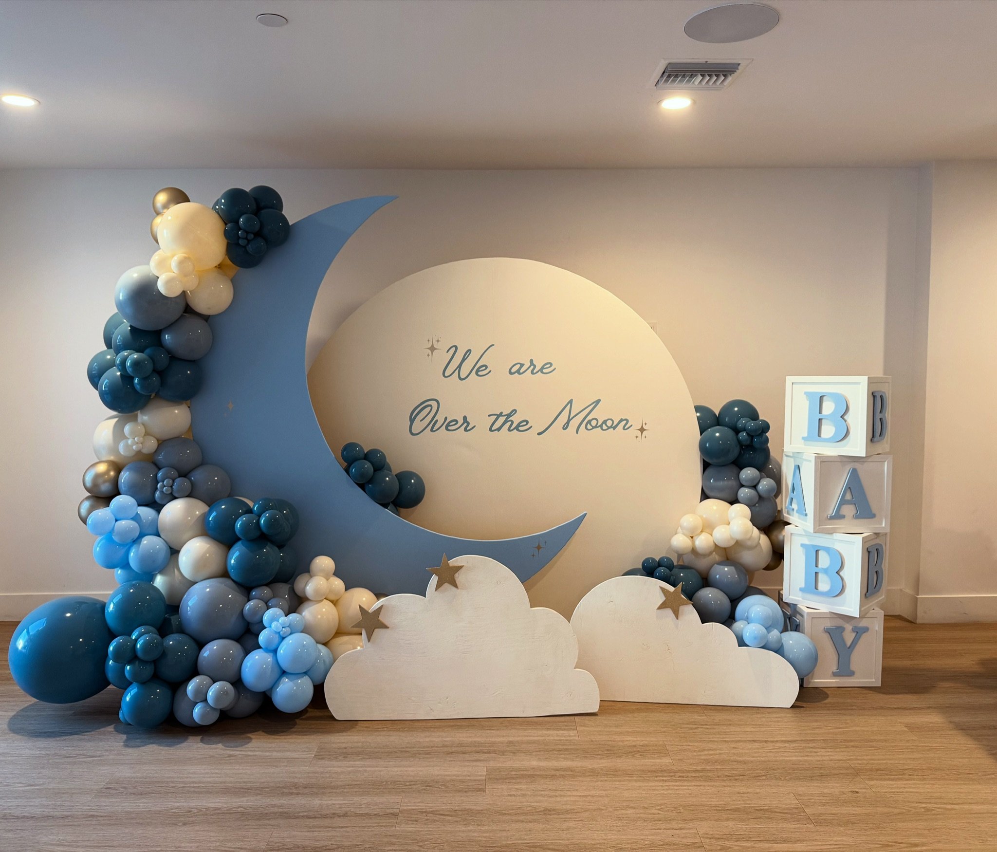 "Over the moon" theme with wood "Baby" blocks