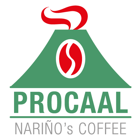 コーヒーカップと煙のデザインのロゴ、緑色の背景にPROCAALとNARIÑO'S COFFEEと記載