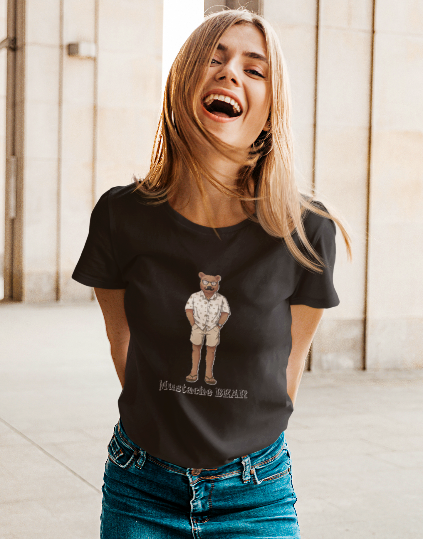 Woman smiling while wearing Mustache BEAR T-shirt
