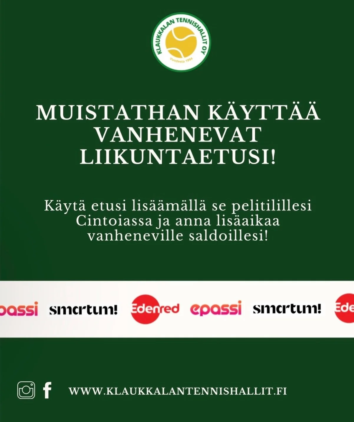 Vanhenevatko liikuntaetusi vuodenvaihteessa? 😧⚠️ 

Ei h&auml;t&auml;&auml;! Vie ne talteen pelitilillesi Cintoiaan ennen vuodenvaihdetta ja k&auml;yt&auml; kun sinulle sopii! 🎾
👉🏼 klaukkalantennishallit.fi

#klaukkalantennishallit #klake #liikunt