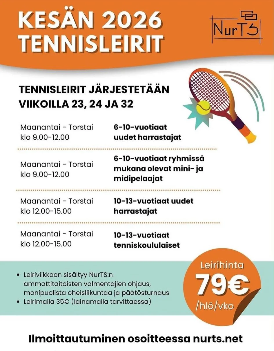 🧡 Kes&auml;n kivoin leiri tenniksen parissa! 🧡

🌼 Tuo minitennisl&auml;isesi pit&auml;m&auml;&auml;n kes&auml;n hauskin leiri Klaukkalaan! Kes&auml;leirit j&auml;rjestet&auml;&auml;n sek&auml; Klaukkalan tennishallilla ett&auml; ulkokentill&auml; 