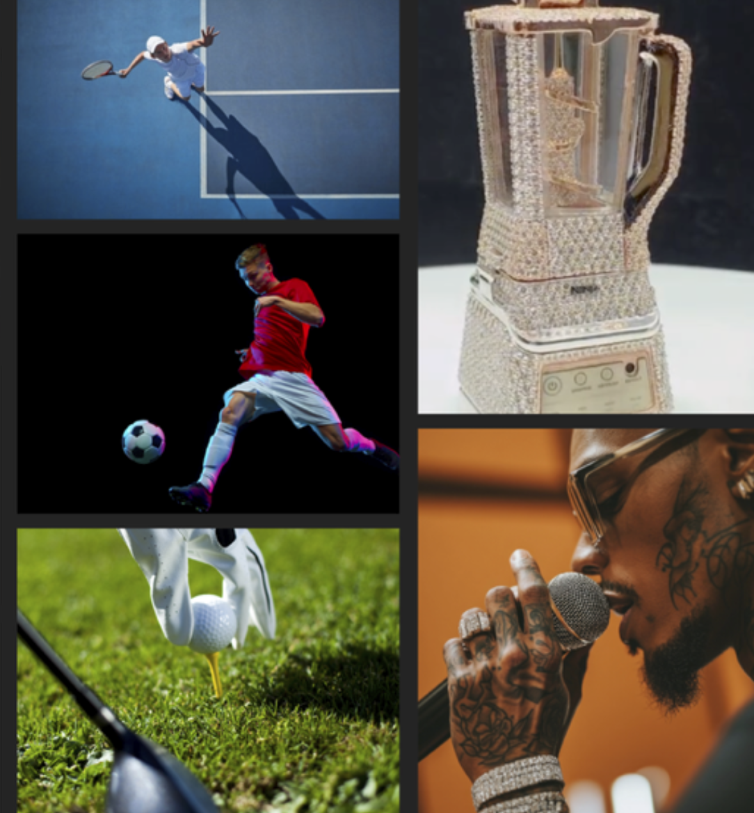 Collage of various activities and objects: a tennis player on a blue court, a goalkeeper kicking a soccer ball, a diamond-encrusted blender, a man with tattoos holding a microphone, and a golf tee with a golf ball.