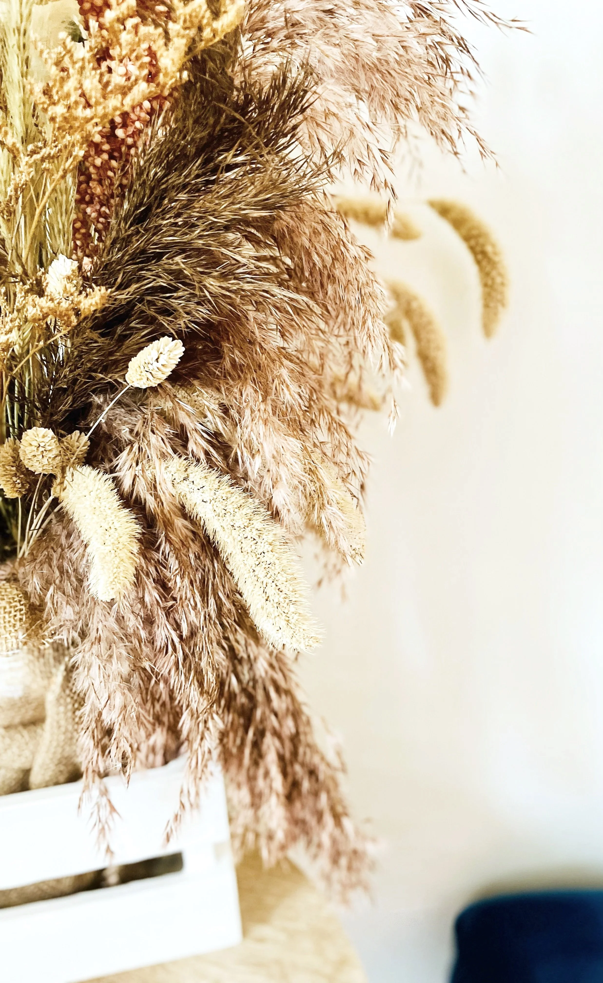 Dried beige and brown pampas grass arranged in a white crate.