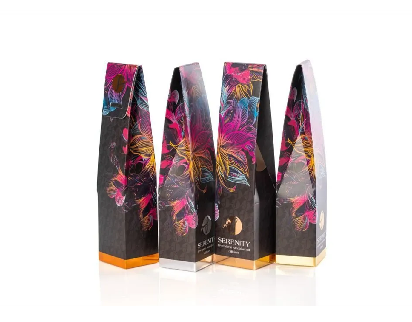 Colorful packaging design with floral patterns and the word 'Serenity'