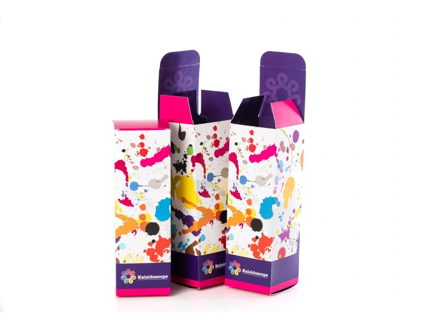 Colorful packaging with abstract paint splatter design and 'Kaleidoscope' logo.