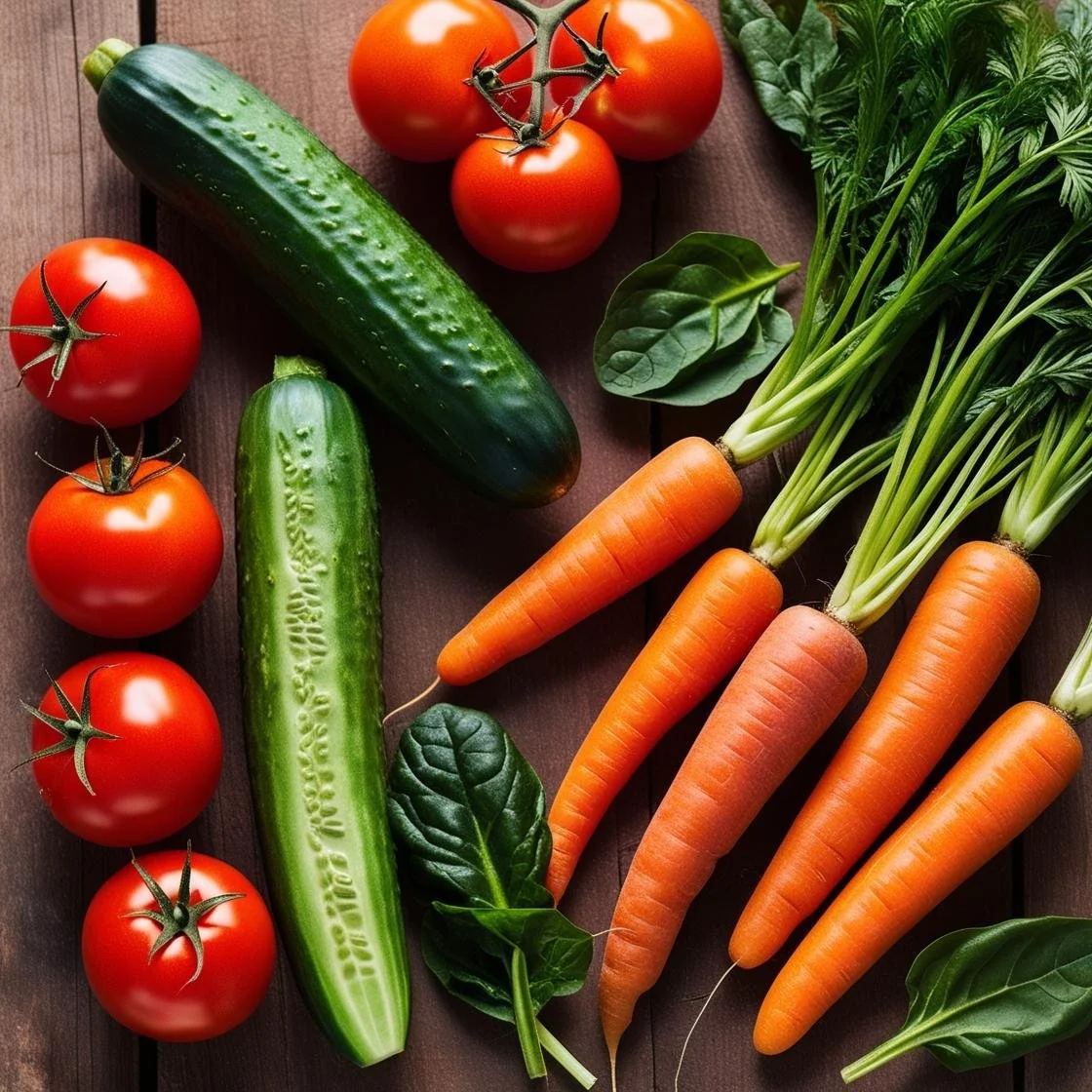 Assorted fresh vegetables including tomatoes, cucumbers, carrots, and spinach leaves on a wooden surface.