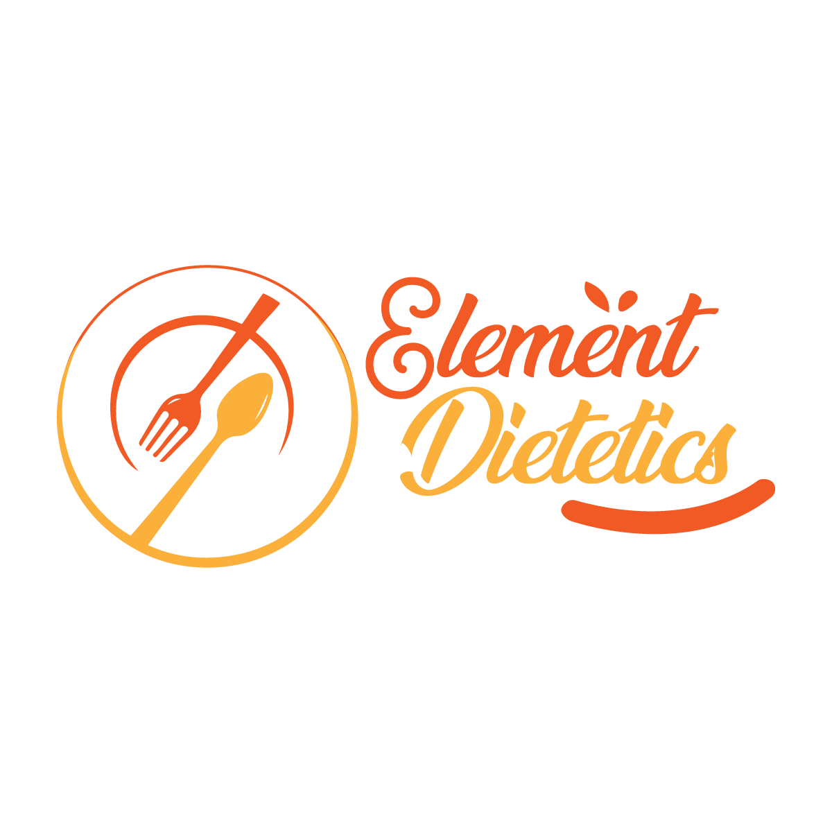 Logo of Element Dietetics featuring stylized fork and spoon within a circular design, with the words 'Element Dietetics' in orange and yellow script.