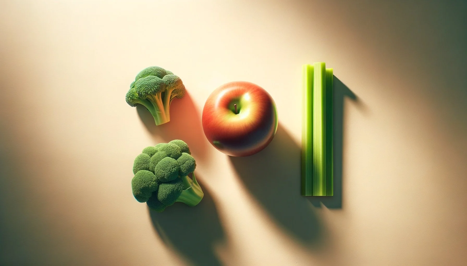 Fresh broccoli, apple, and celery sticks on a light-colored background.